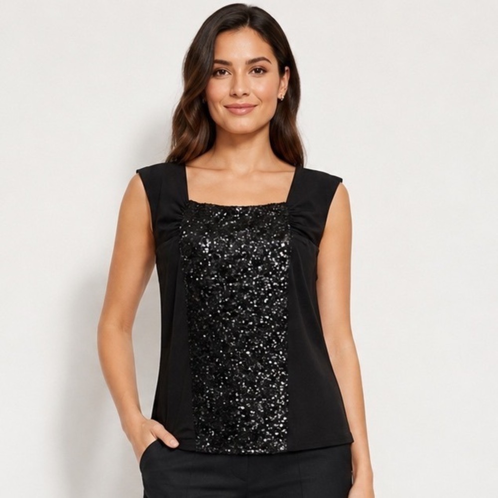 Relativity Sleeveless Top Large Black Sequin Square Neck Gathered Blouse Y2K
